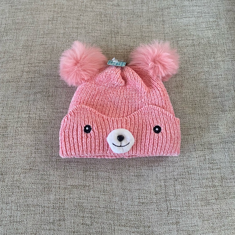 🪞 NEW ultra cozy teddy bear pom pom ears fleece lined knit hat in pink multi